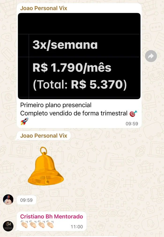 Print no grupo de mentorados: primeiro plano presencial completo vendido de forma trimestral, três vezes por semana, R$ 1.790 por mês, total de R$ 5.370